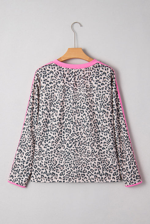 Leopard Print Contrast V Neck Varsity Stripe Drop Shoulder Top